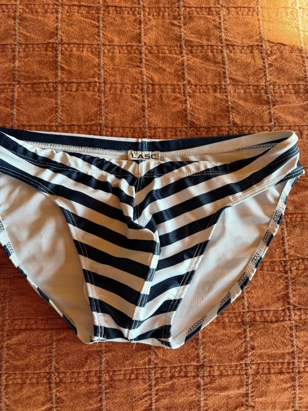 LASC sporting club St. Tropez low rise swim brief, size XL, Navy and white strip